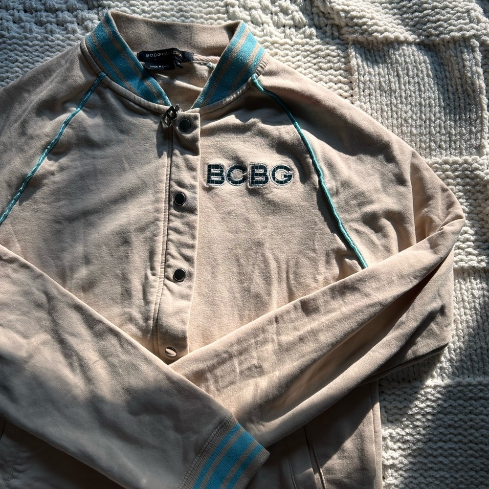 BCBCMaxAzria Tan Blue Varsity Zip Button Jacket